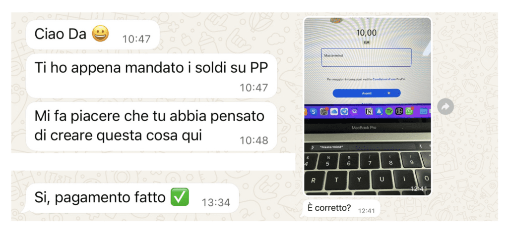 Screenshot pagamenti ricevuti